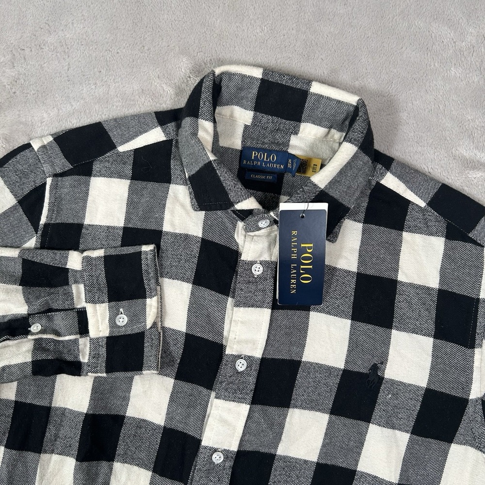 New Polo Ralph Lauren Flannel Shirt Men XL Black/White Buffalo Plaid Button Down